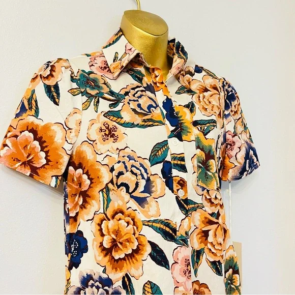 Joie Floral Button Front Mini collar Dress – Cream Multi – Romantic - Picture 4 of 6